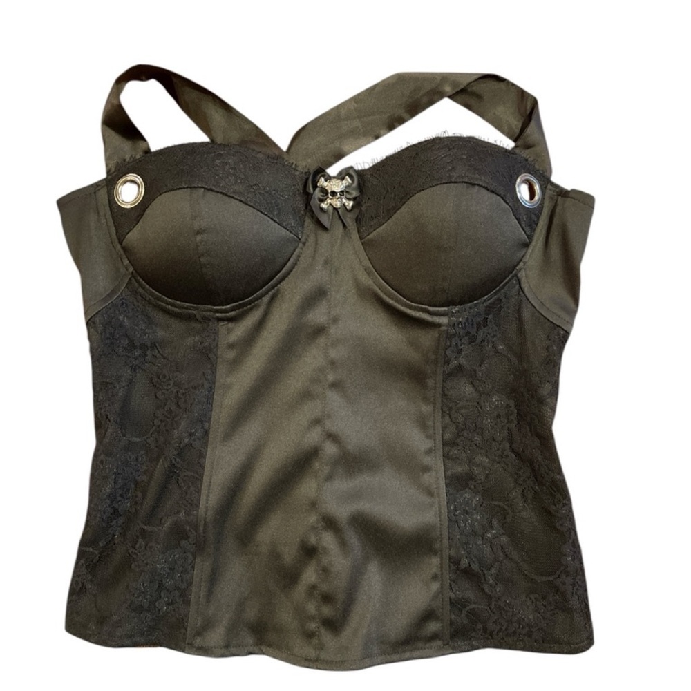 Shirley of Hollywood L Black Goth Skull Lace-Up Corset Y2K Drag
